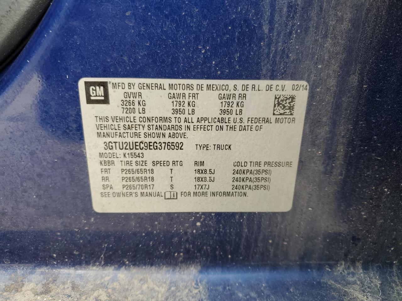 2014 GMC Sierra K1500 Sle VIN: 3GTU2UEC9EG376592 Lot: 84458385
