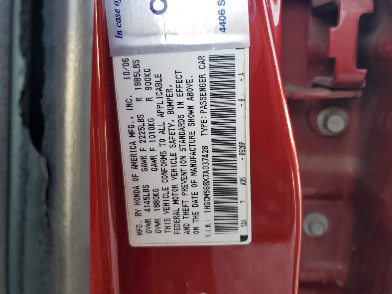 2007 Honda Accord VIN: 1HGCM568X7A037428 Lot: 80619375