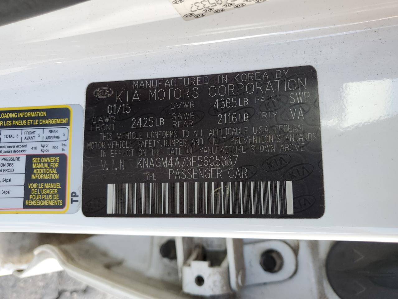 2015 Kia Optima Lx VIN: KNAGM4A73F5605337 Lot: 85739755