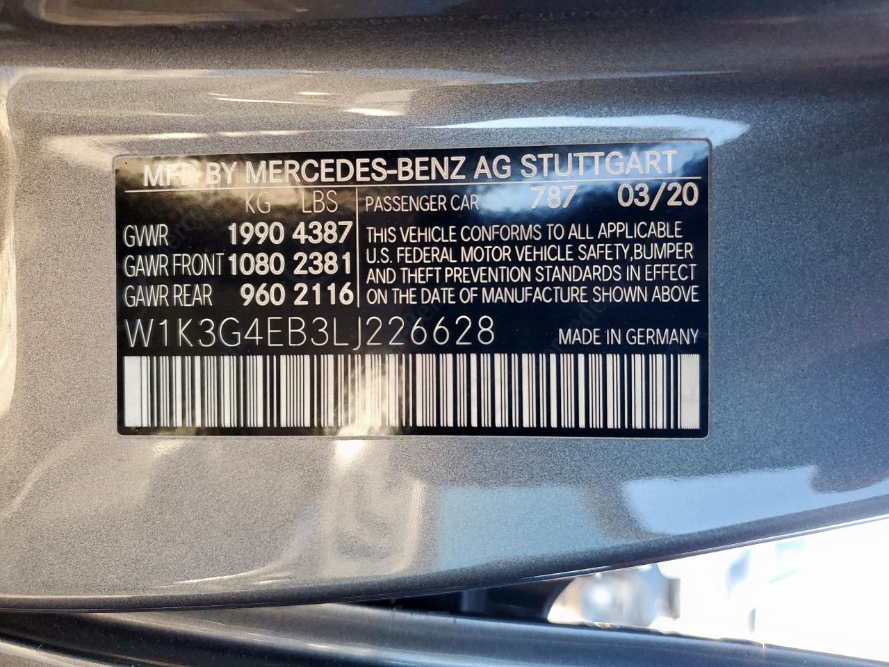 2020 Mercedes-Benz A 220 VIN: W1K3G4EB3LJ226628 Lot: 90994025
