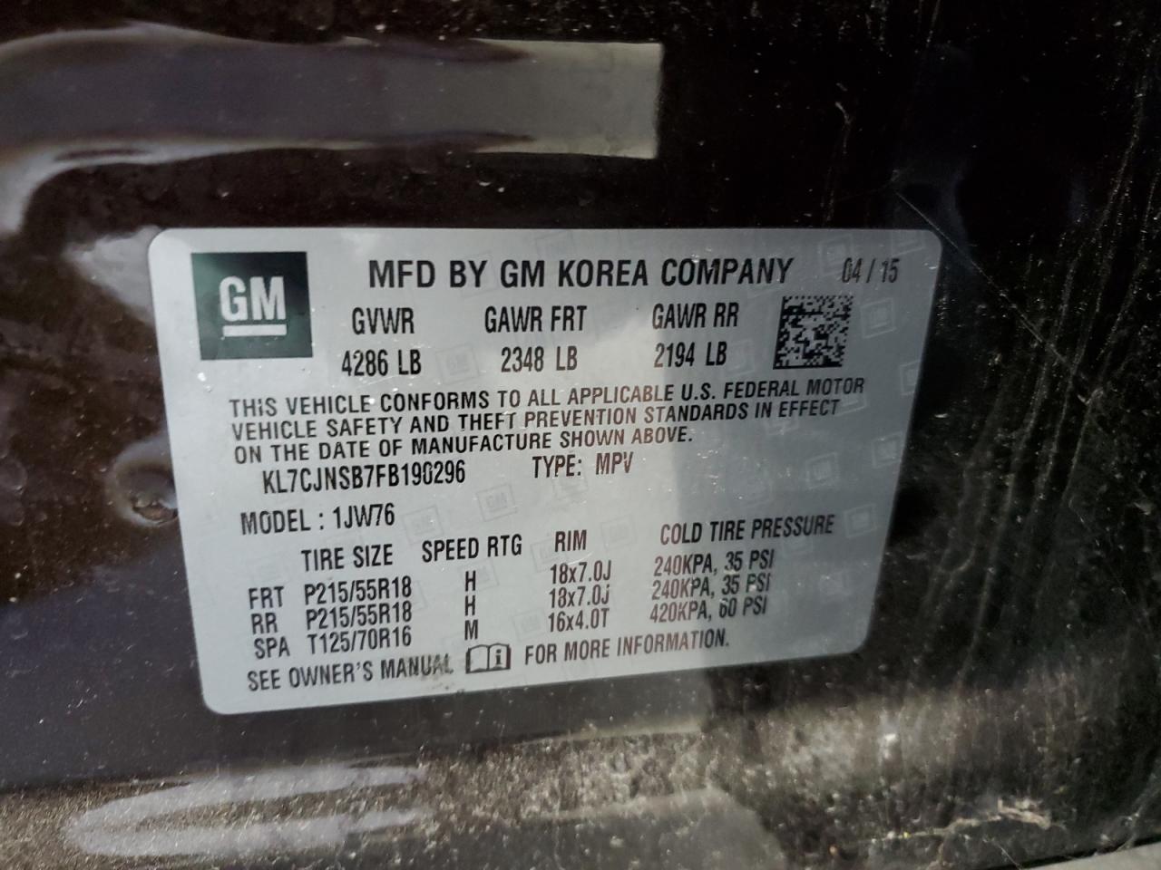 2015 Chevrolet Trax Ltz VIN: KL7CJNSB7FB190296 Lot: 86837705