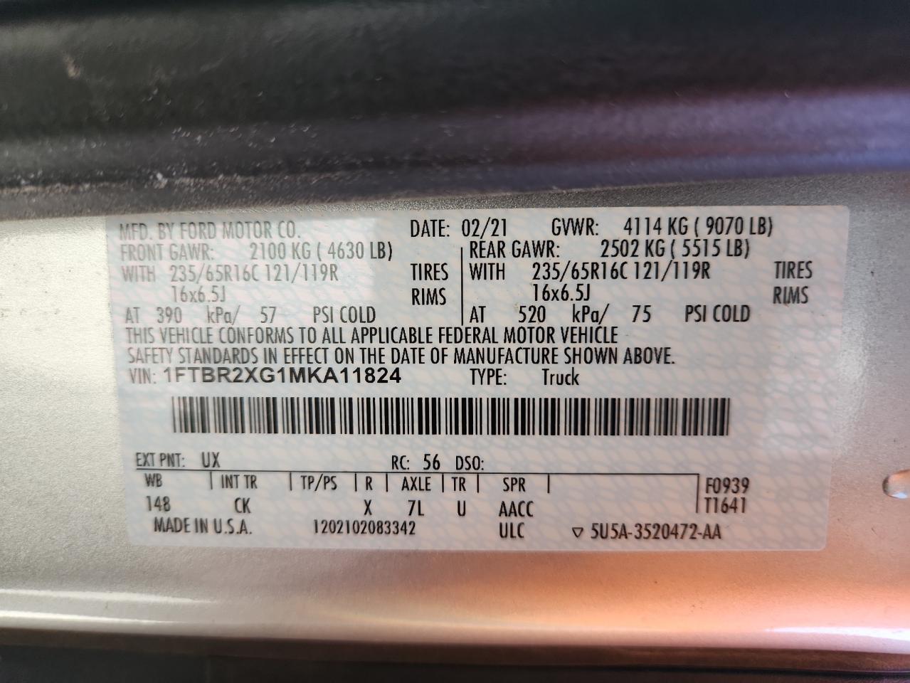 2021 Ford Transit T-250 VIN: 1FTBR2XG1MKA11824 Lot: 86819015