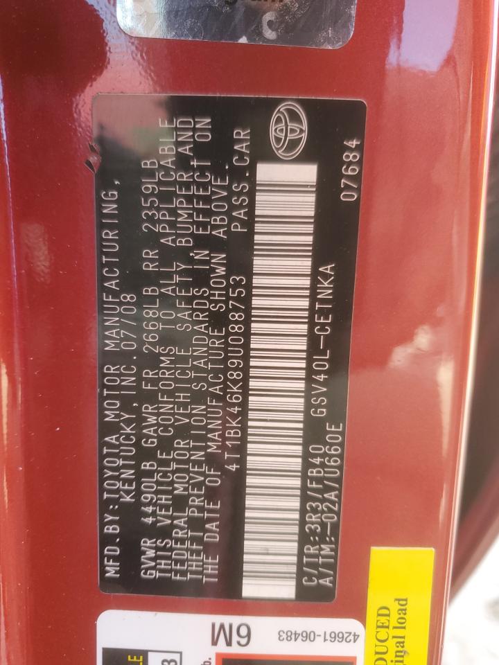 2009 Toyota Camry Se VIN: 4T1BK46K89U088753 Lot: 84883115