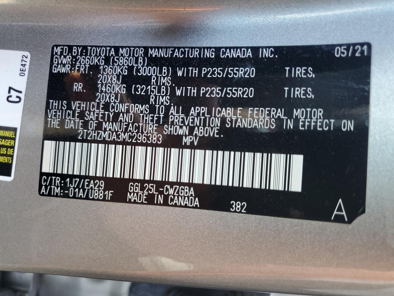 2021 Lexus Rx 350 VIN: 2T2HZMDA3MC296383 Lot: 85592005