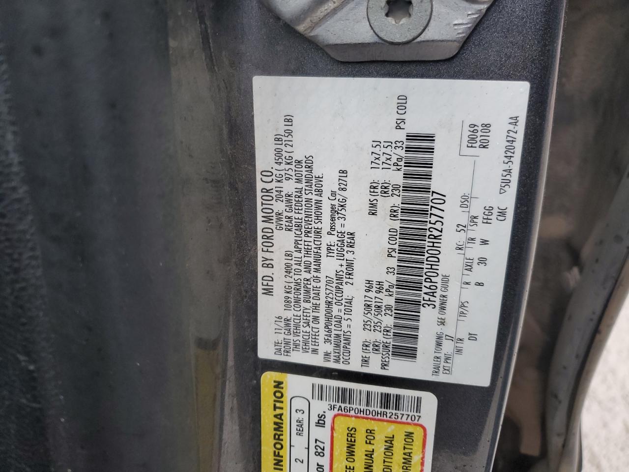 2017 Ford Fusion Se VIN: 3FA6P0HD0HR257707 Lot: 85395875