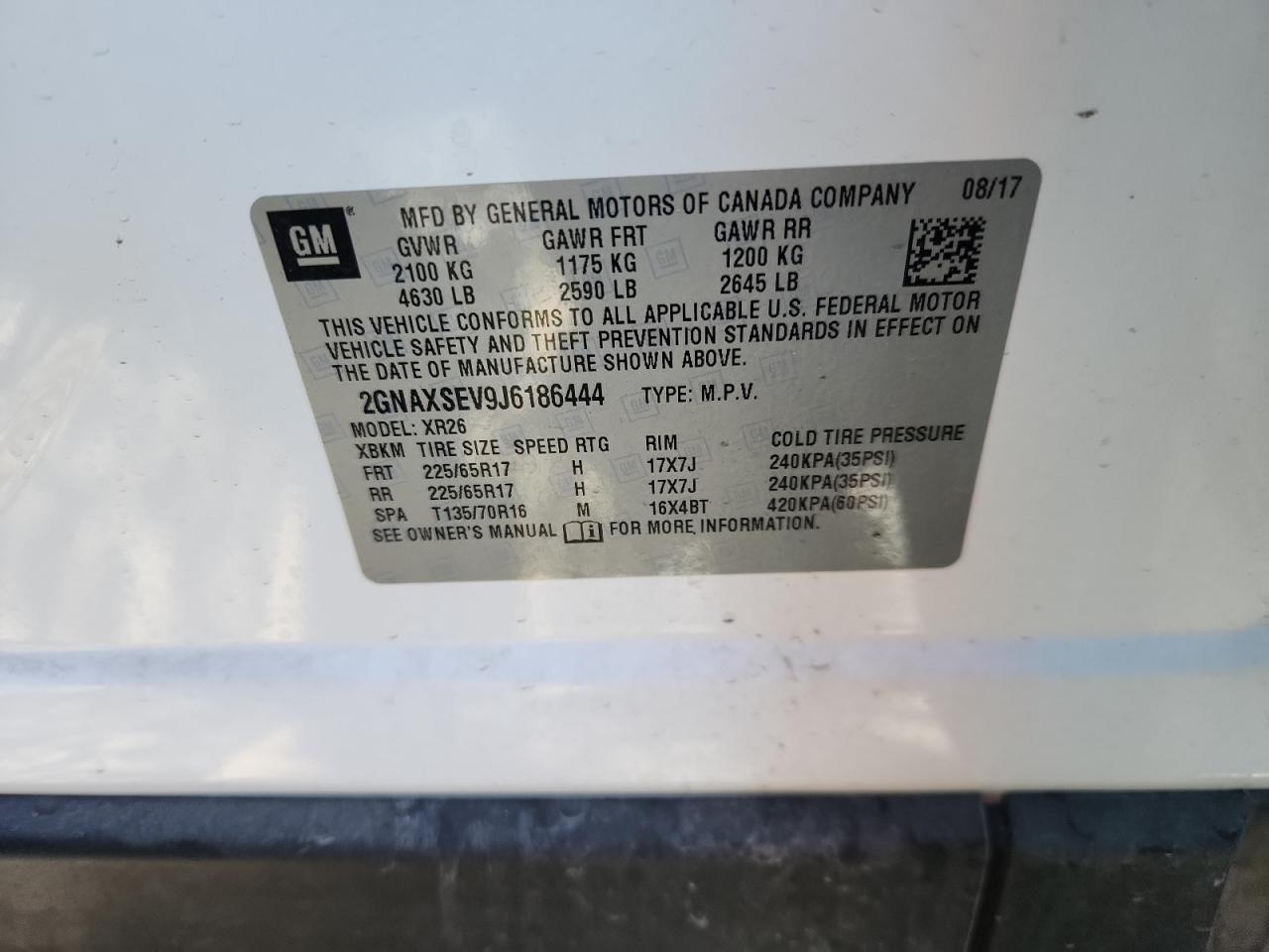 2018 Chevrolet Equinox Lt VIN: 2GNAXSEV9J6186444 Lot: 85731915