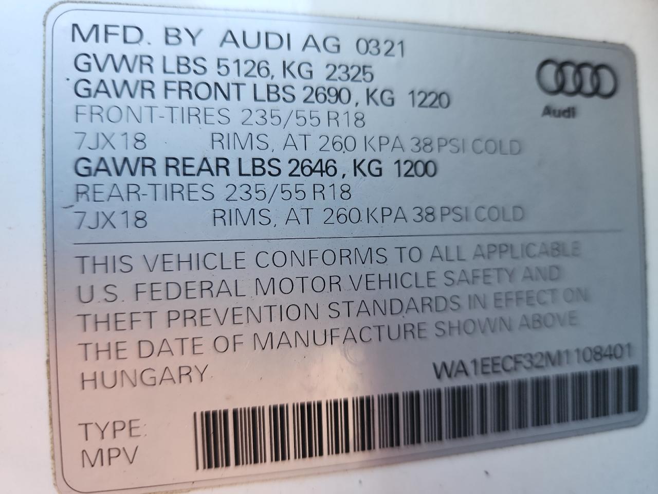 2021 Audi Q3 Premium Plus S Line 45 VIN: WA1EECF32M1108401 Lot: 89700185