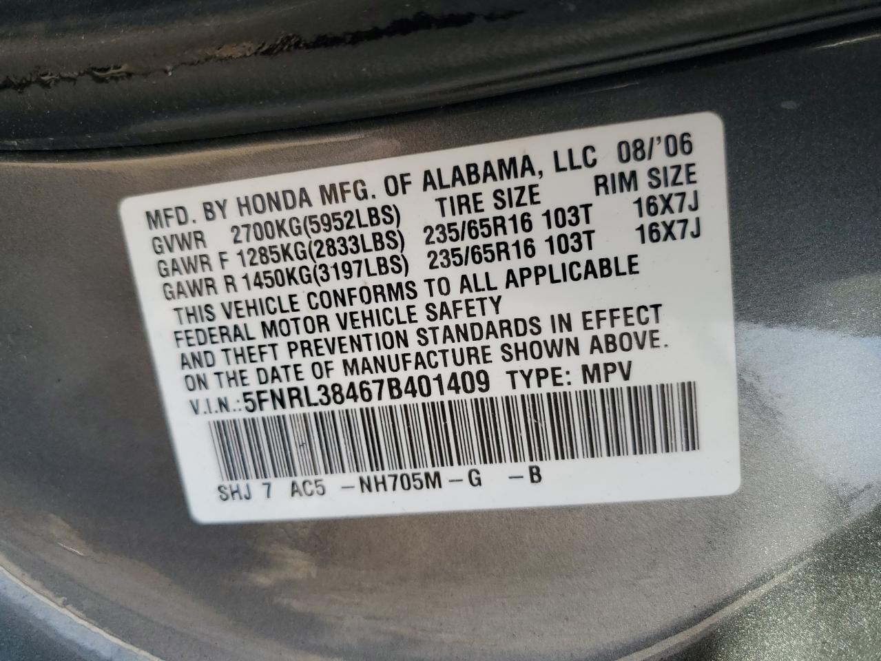 2007 Honda Odyssey Ex VIN: 5FNRL38467B401409 Lot: 84550275