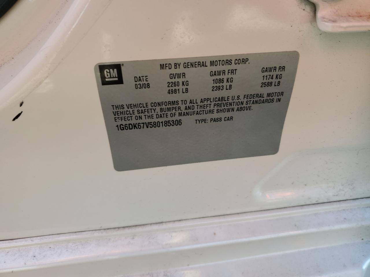 2008 Cadillac Sts VIN: 1G6DK67V580185306 Lot: 82386135