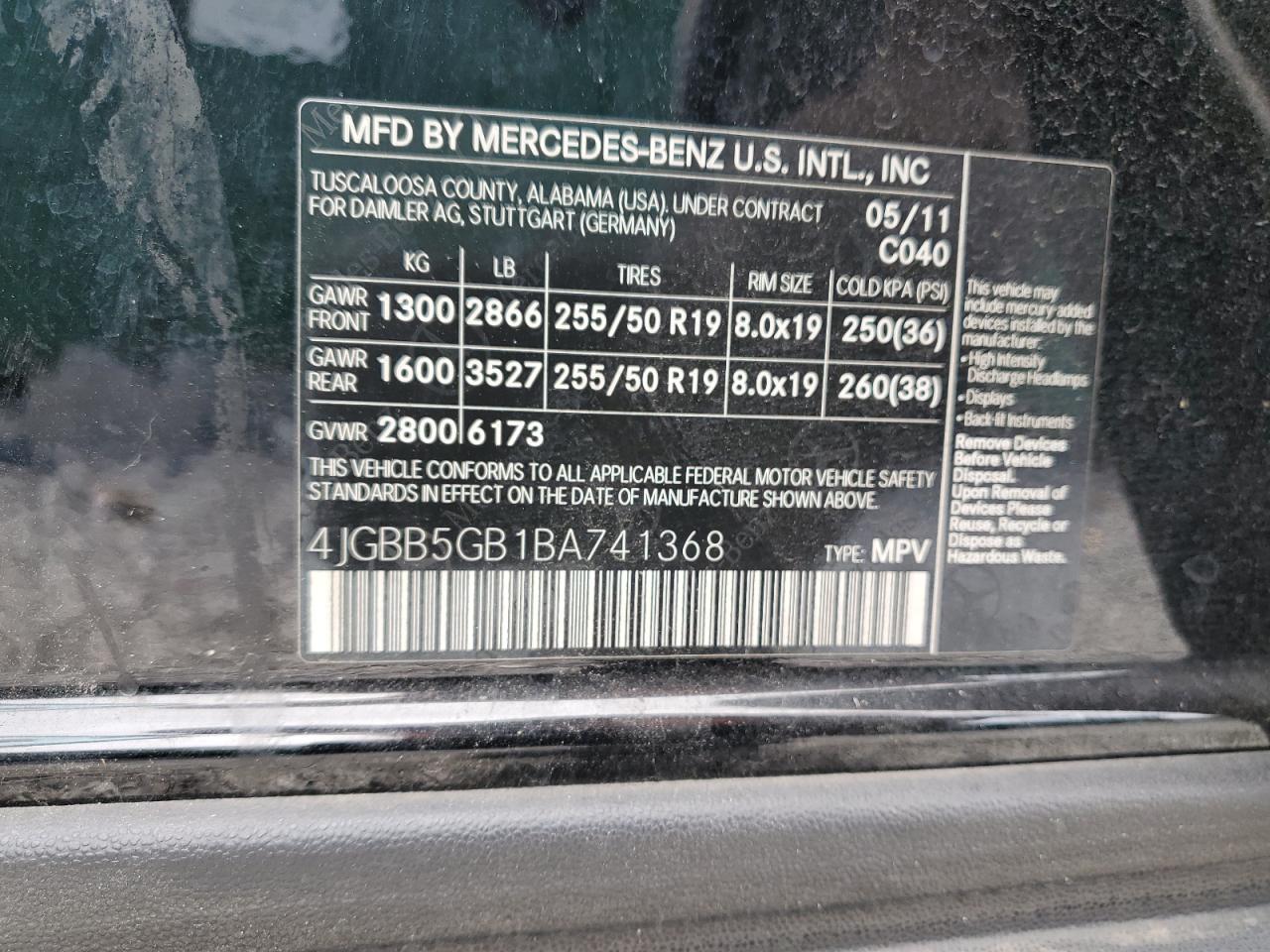 2011 Mercedes-Benz Ml 350 VIN: 4JGBB5GB1BA741368 Lot: 85188555