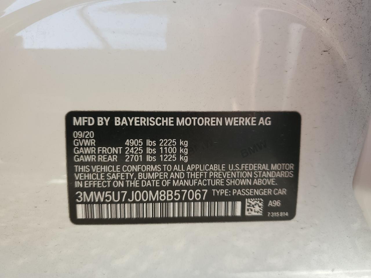 2021 BMW M340I VIN: 3MW5U7J00M8B57067 Lot: 87283495