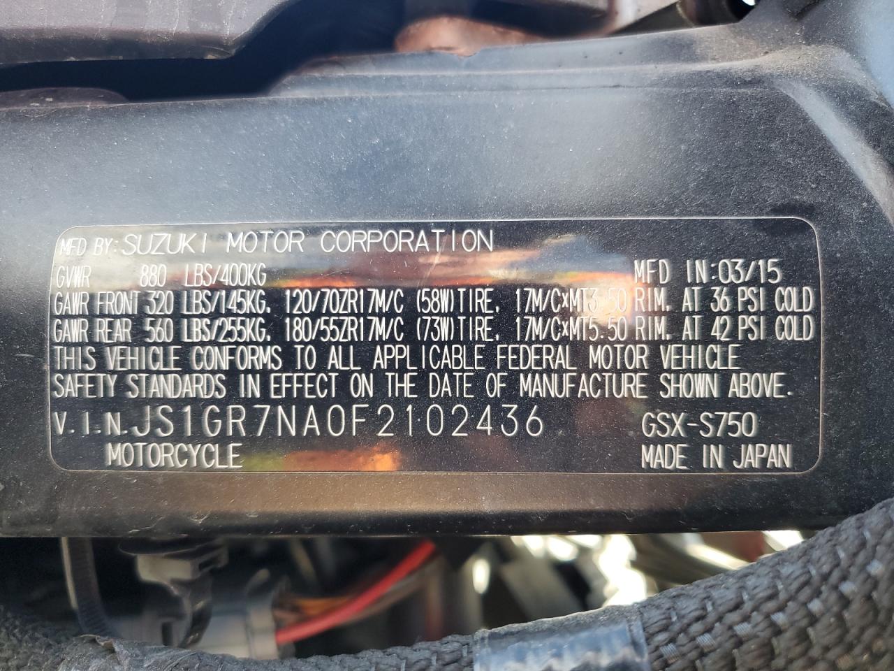 2015 Suzuki Gsx-S750 VIN: JS1GR7NA0F2102436 Lot: 84247385