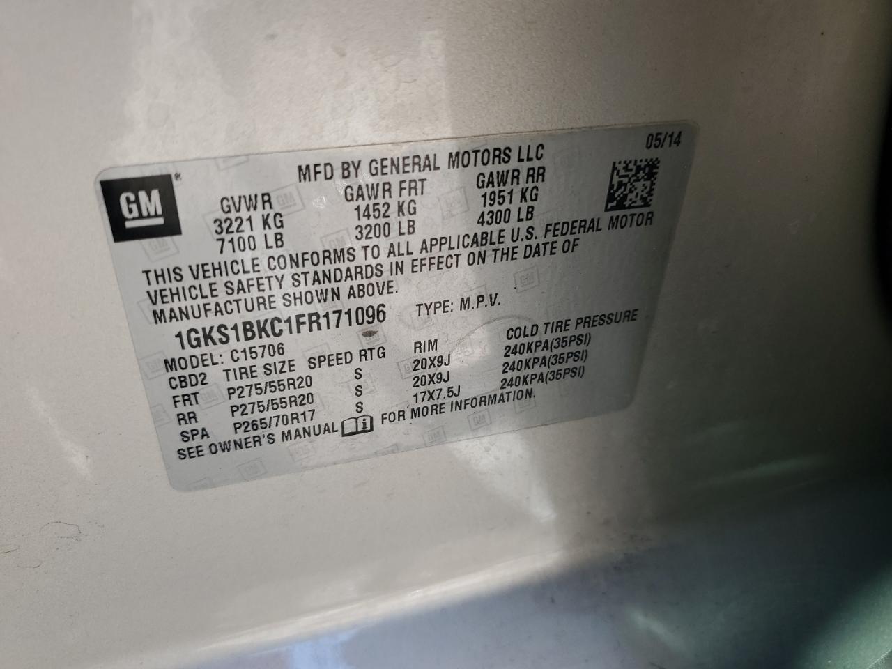 2015 GMC Yukon Slt VIN: 1GKS1BKC1FR171096 Lot: 86997605