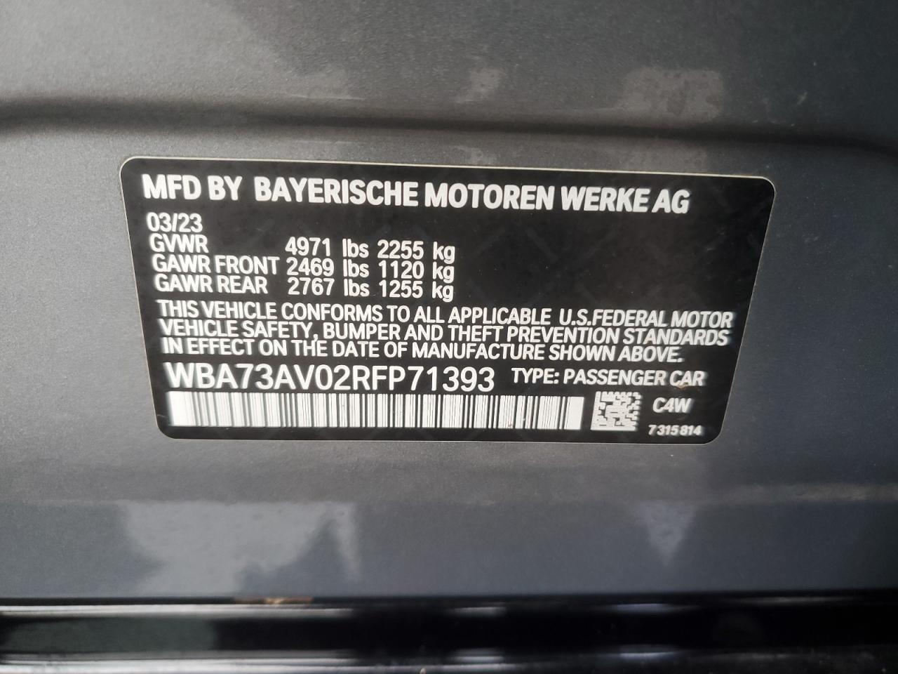 2024 BMW 430Xi Gran Coupe VIN: WBA73AV02RFP71393 Lot: 86327875