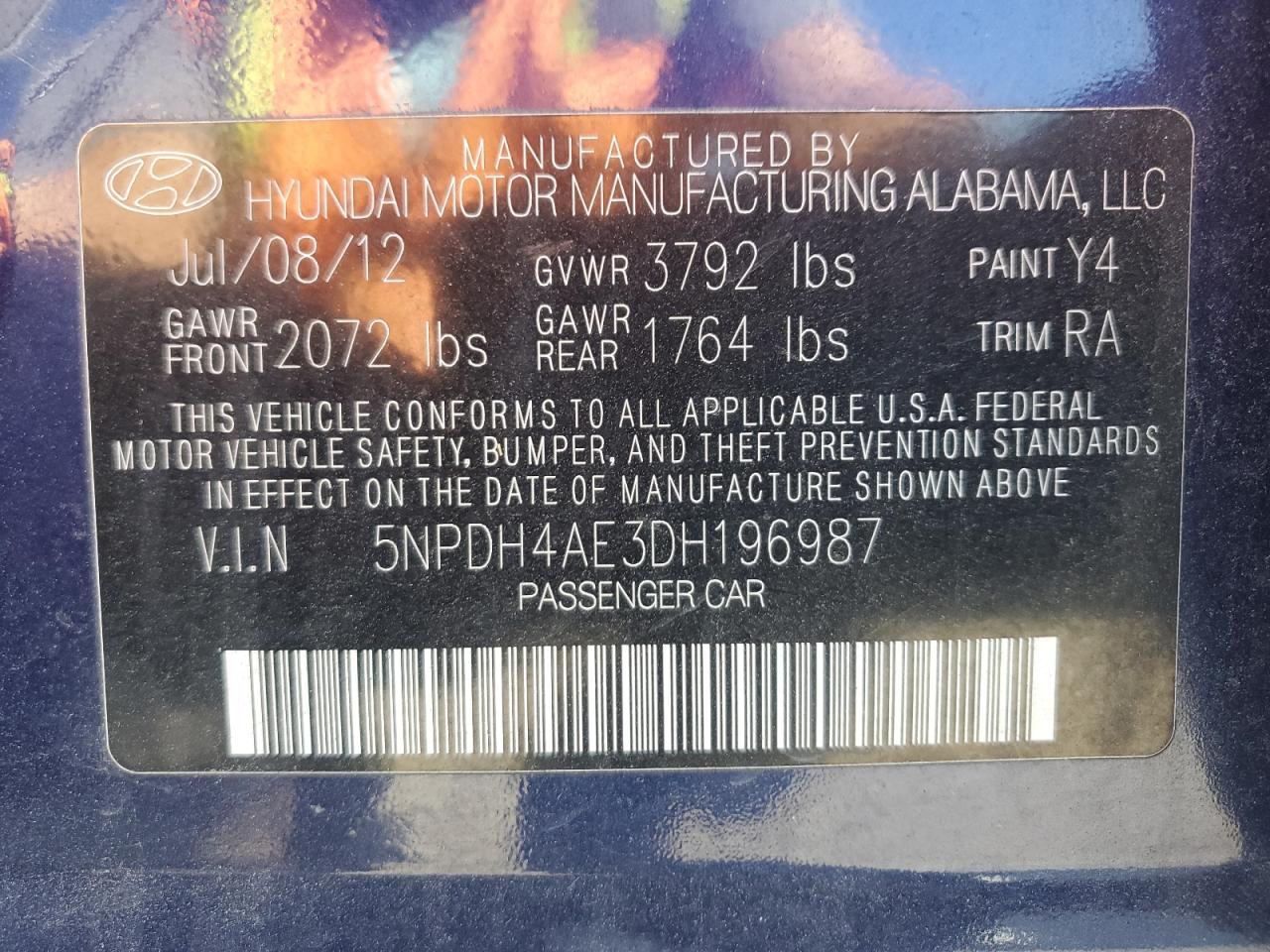 2013 Hyundai Elantra Gls VIN: 5NPDH4AE3DH196987 Lot: 84817245