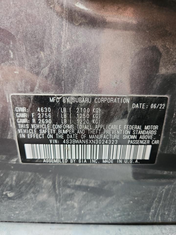 2022 Subaru Legacy Limited VIN: 4S3BWAN6XN3024323 Lot: 84372275