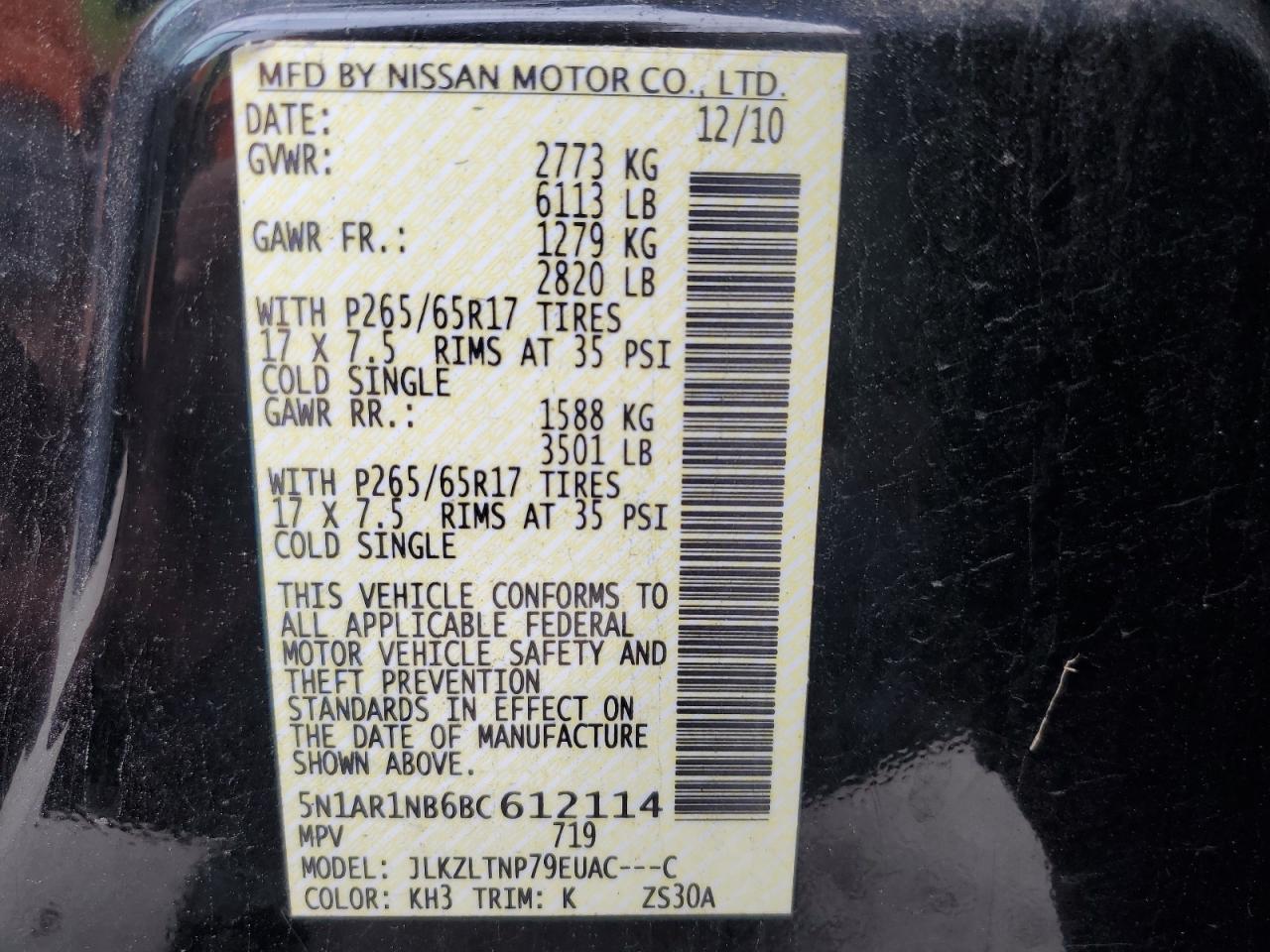 2011 Nissan Pathfinder S VIN: 5N1AR1NB6BC612114 Lot: 82770985