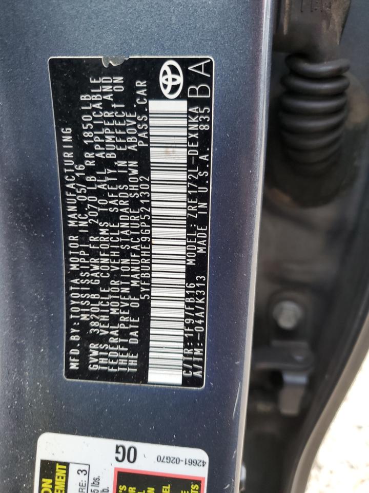 2016 Toyota Corolla L VIN: 5YFBURHE9GP521302 Lot: 85897005