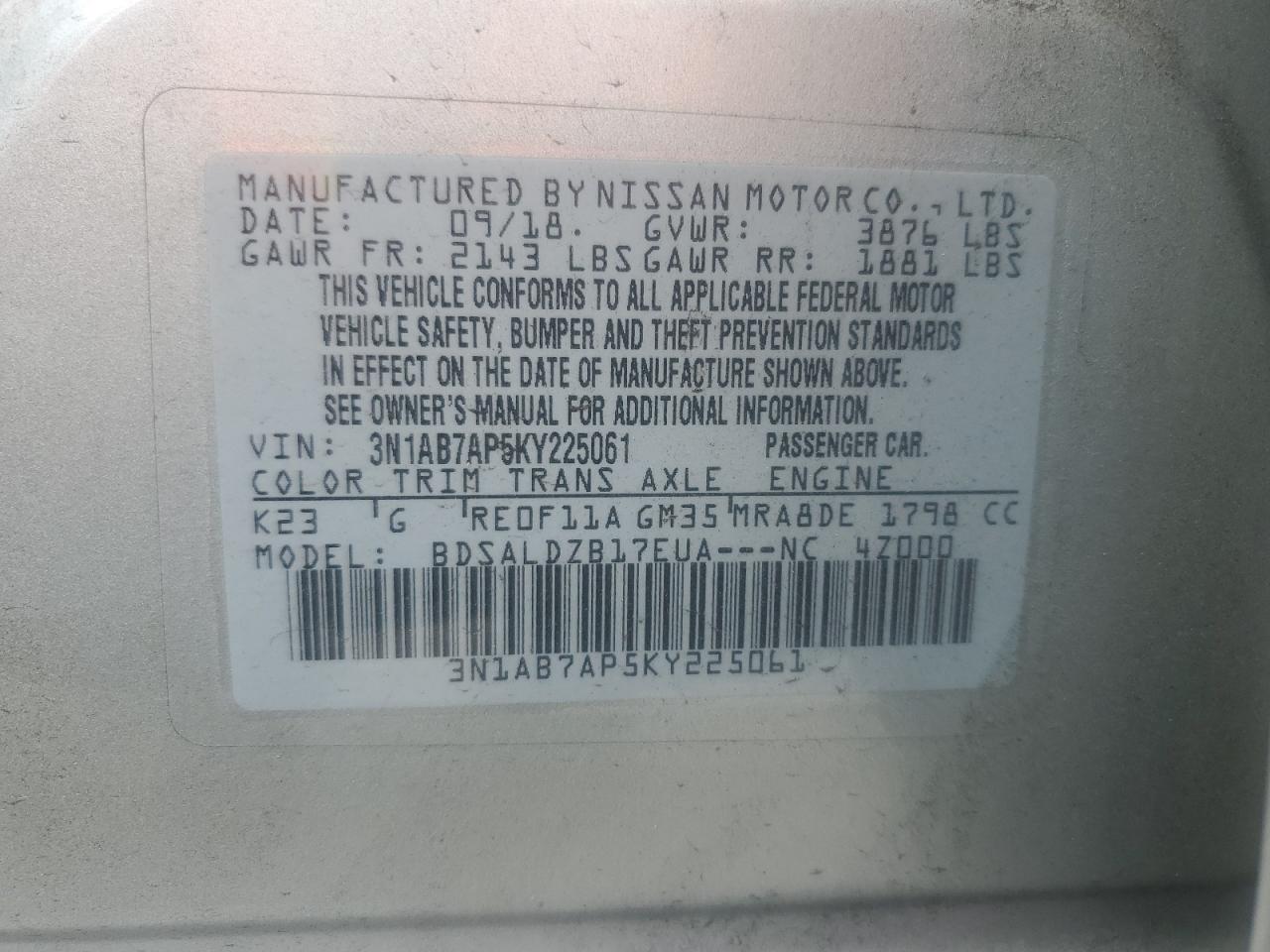 2019 Nissan Sentra S VIN: 3N1AB7AP5KY225061 Lot: 81743725