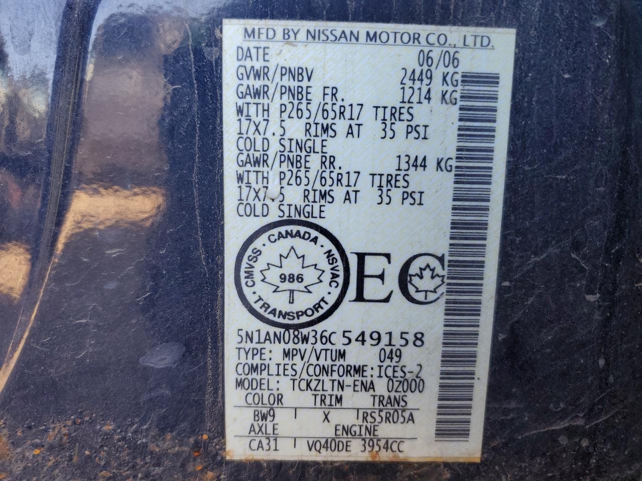 2006 Nissan Xterra Off Road VIN: 5N1AN08W36C549158 Lot: 82254525