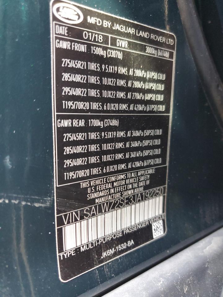 2018 Land Rover Range Rover Sport Svr VIN: SALWZ2SE3JA192250 Lot: 82755485