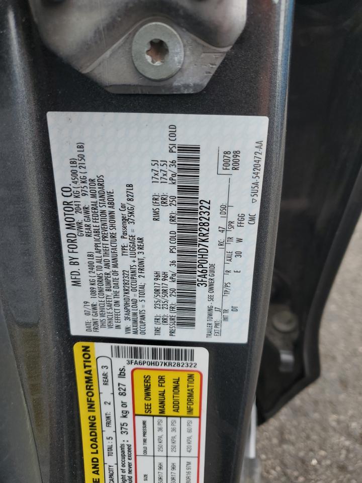 2019 Ford Fusion Se VIN: 3FA6P0HD7KR282322 Lot: 86634545