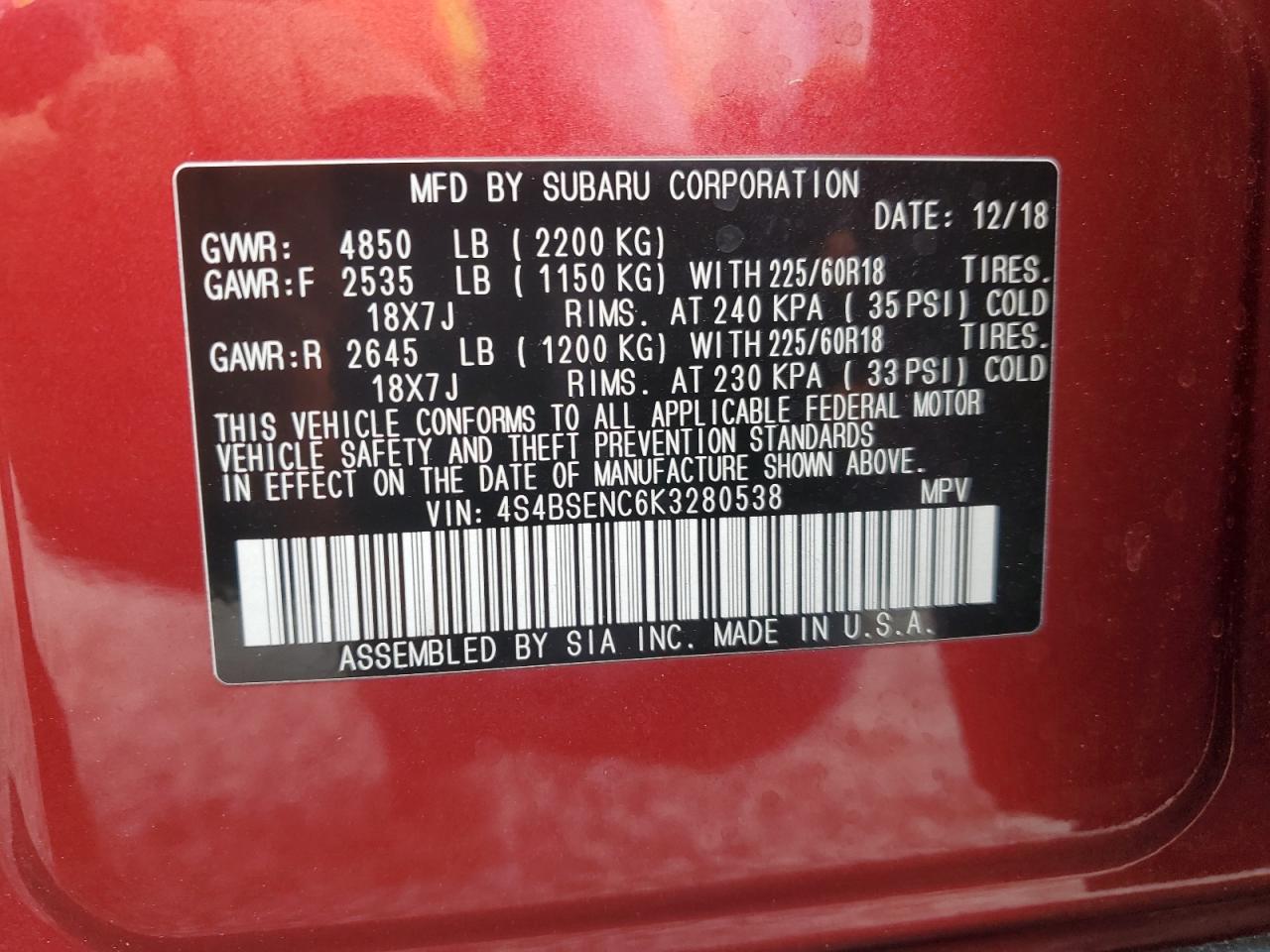 2019 Subaru Outback 3.6R Limited VIN: 4S4BSENC6K3280538 Lot: 86528825