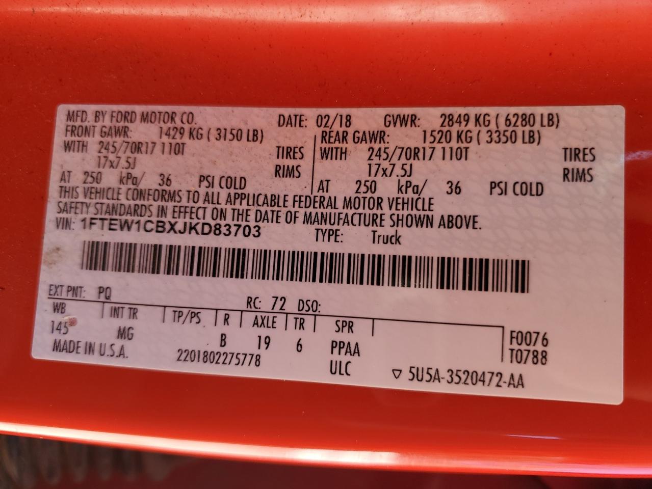 2018 Ford F150 Supercrew VIN: 1FTEW1CBXJKD83703 Lot: 85322355