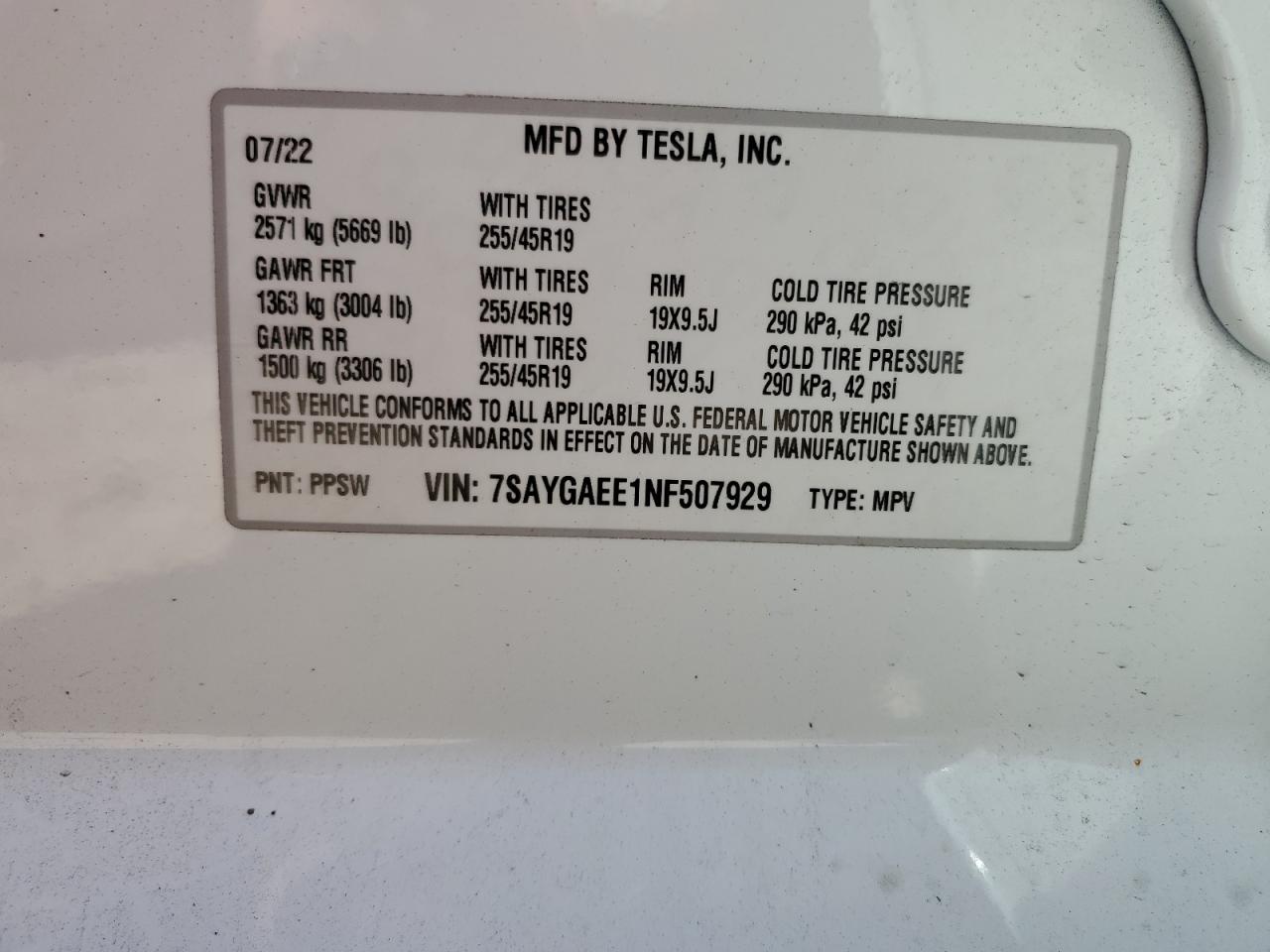 2022 Tesla Model Y VIN: 7SAYGAEE1NF507929 Lot: 84067105