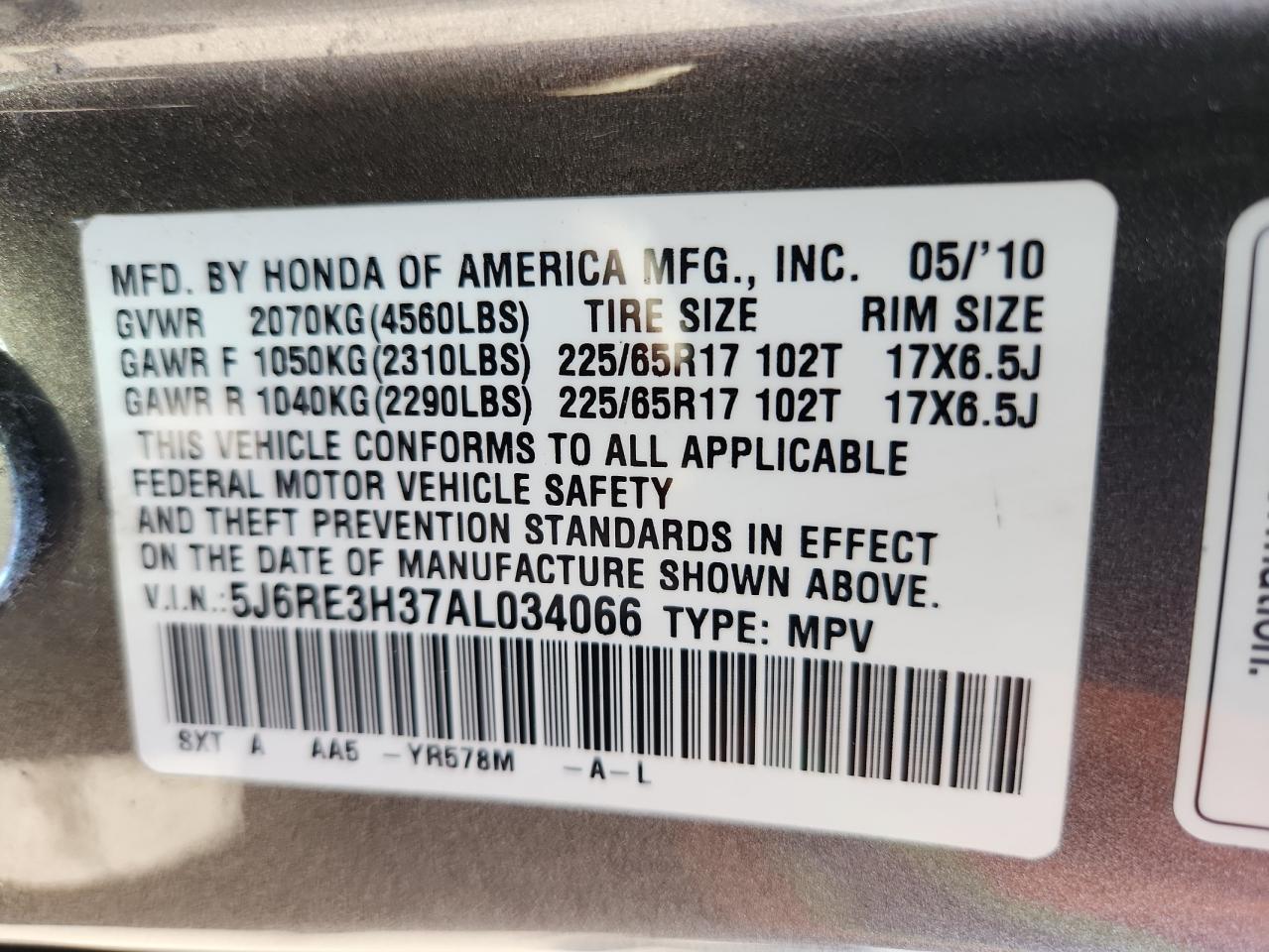 2010 Honda Cr-V Lx VIN: 5J6RE3H37AL034066 Lot: 87113655