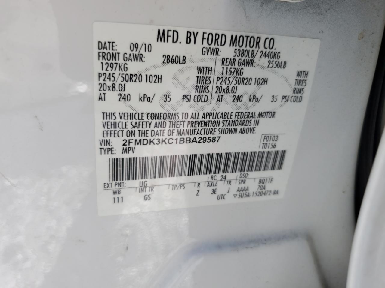 2011 Ford Edge Limited VIN: 2FMDK3KC1BBA29587 Lot: 85279065