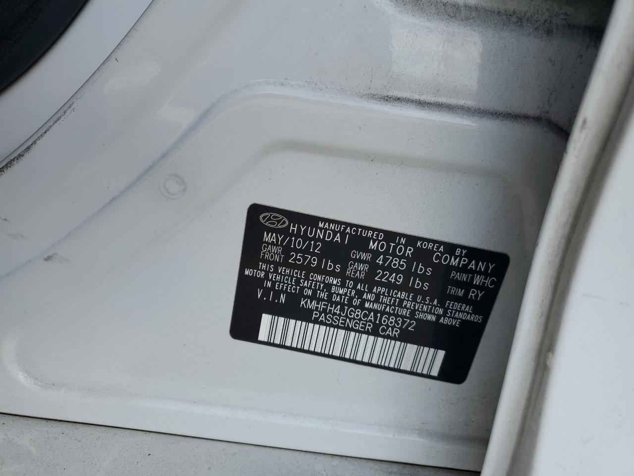 2012 Hyundai Azera Gls VIN: KMHFH4JG8CA168372 Lot: 85863775