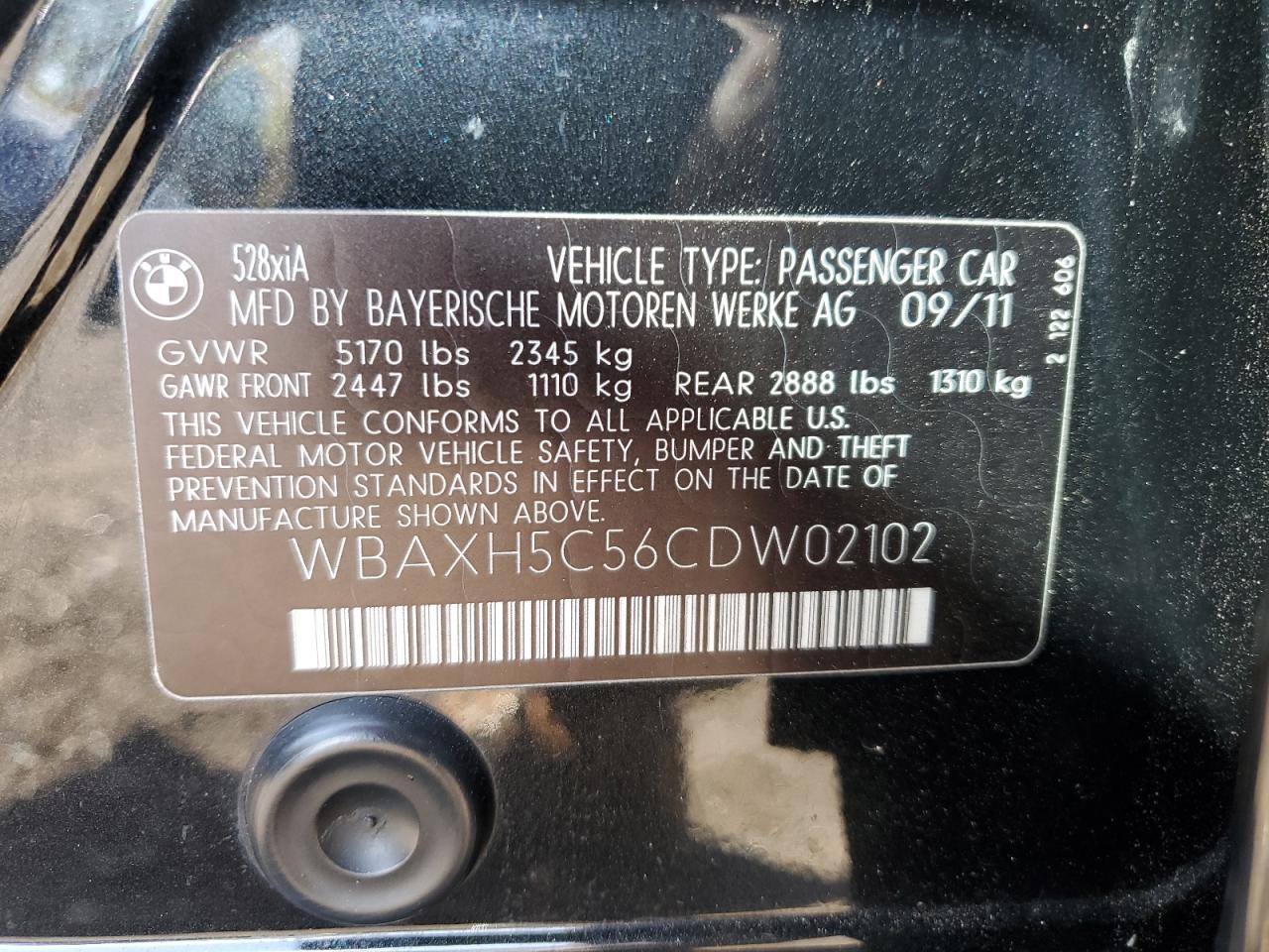 2012 BMW 528 Xi VIN: WBAXH5C56CDW02102 Lot: 85318125