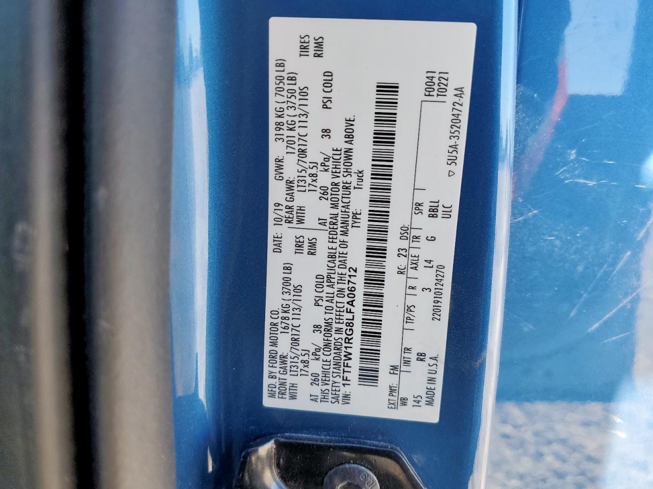 2020 Ford F150 Raptor VIN: 1FTFW1RG8LFA06712 Lot: 90324245