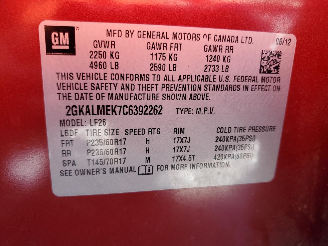 2012 GMC Terrain Sle VIN: 2GKALMEK7C6392262 Lot: 82528065