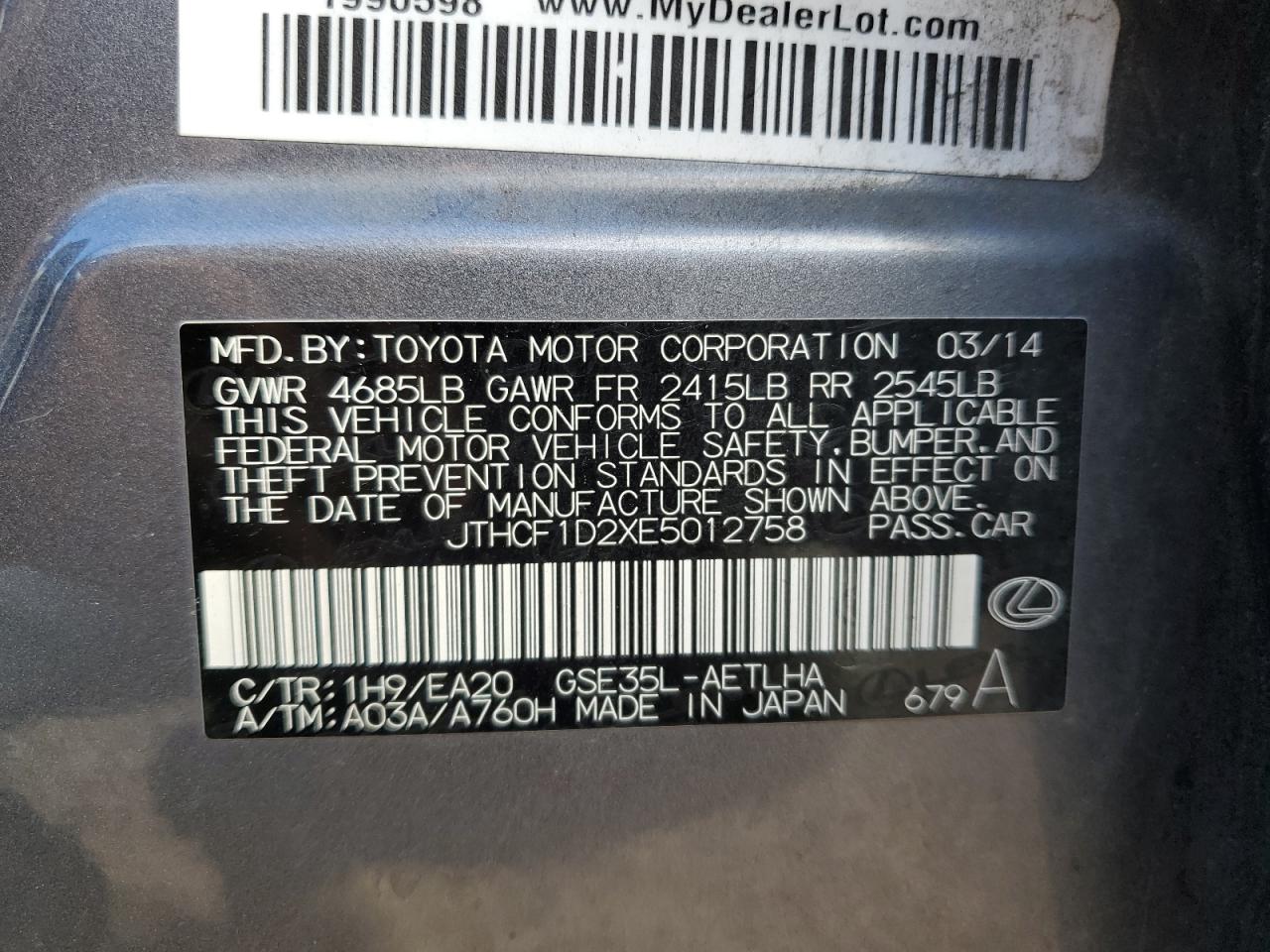 2014 Lexus Is 250 VIN: JTHCF1D2XE5012758 Lot: 86674125