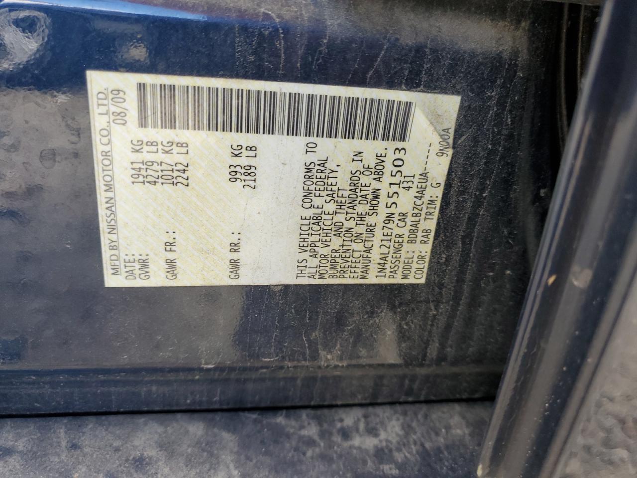 2009 Nissan Altima 2.5 VIN: 1N4AL21E79N551503 Lot: 84712095