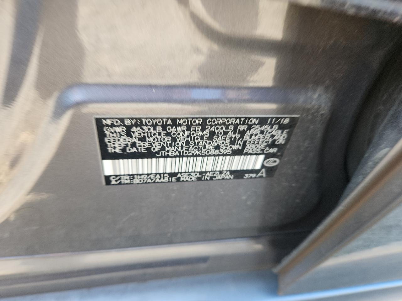 2019 Lexus Is 300 VIN: JTHBA1D29K5088395 Lot: 90460405