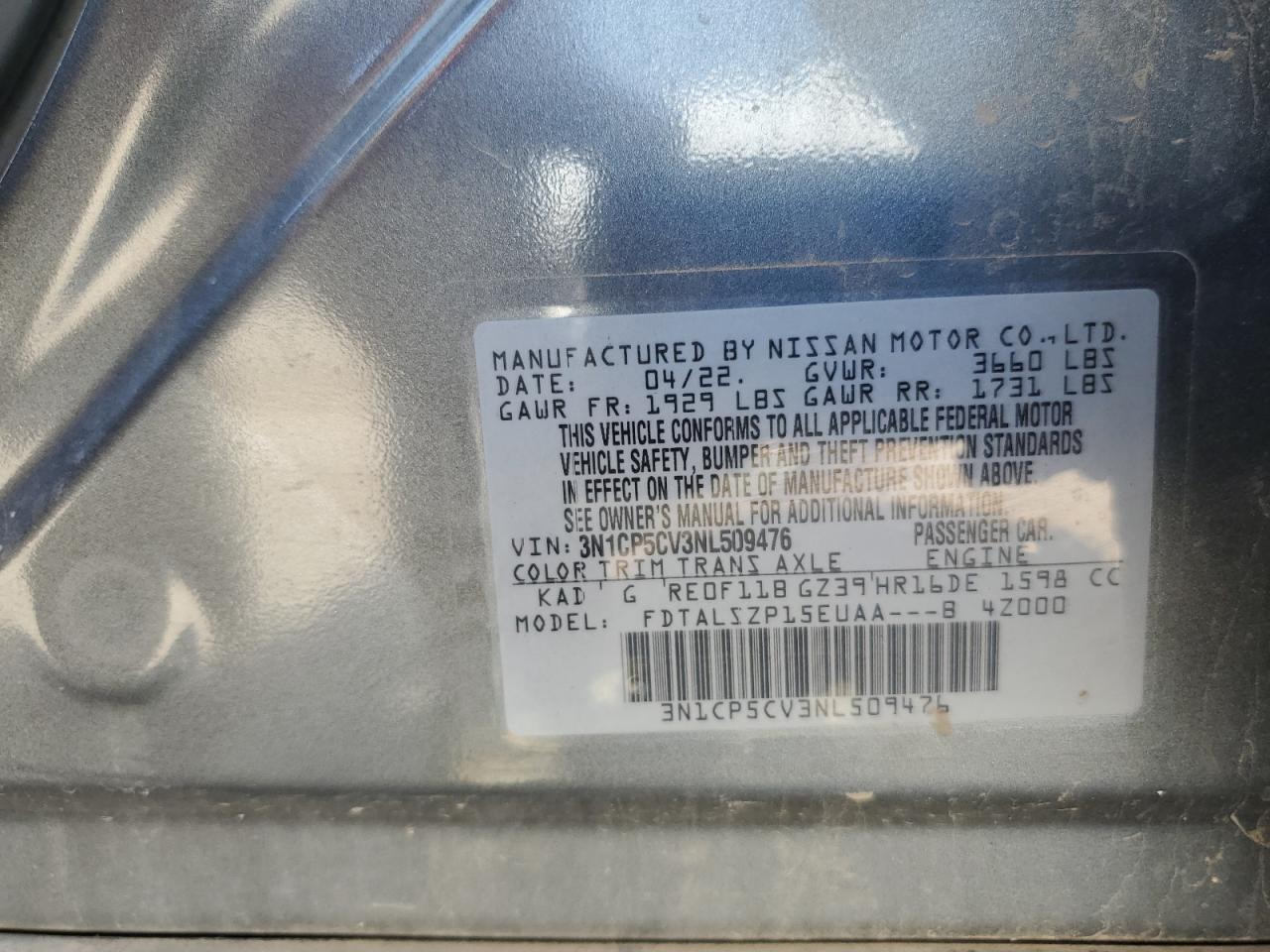 2022 Nissan Kicks Sv VIN: 3N1CP5CV3NL509476 Lot: 85509795