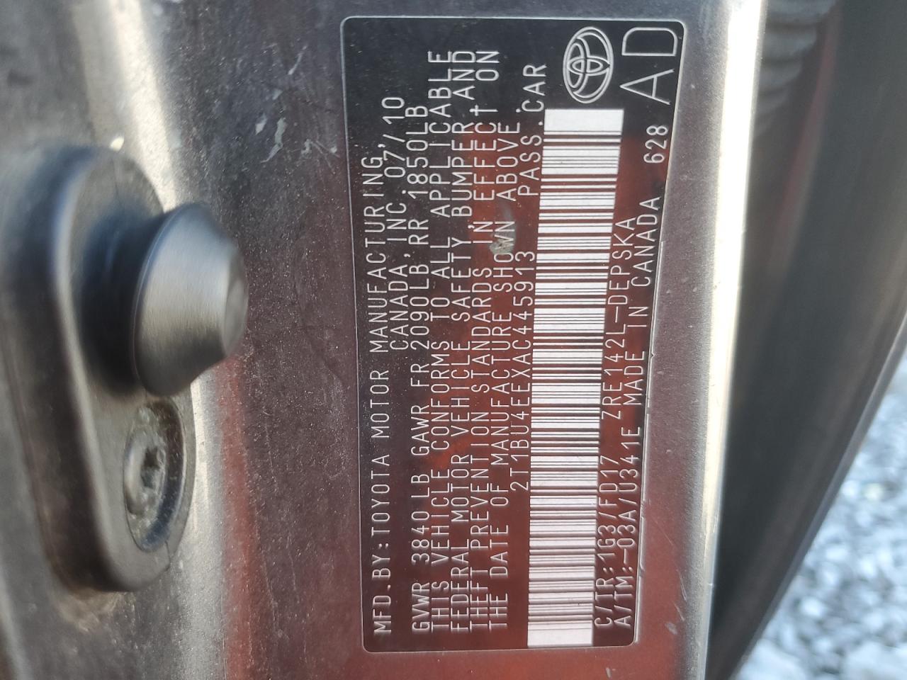 2010 Toyota Corolla Base VIN: 2T1BU4EEXAC445913 Lot: 87458355
