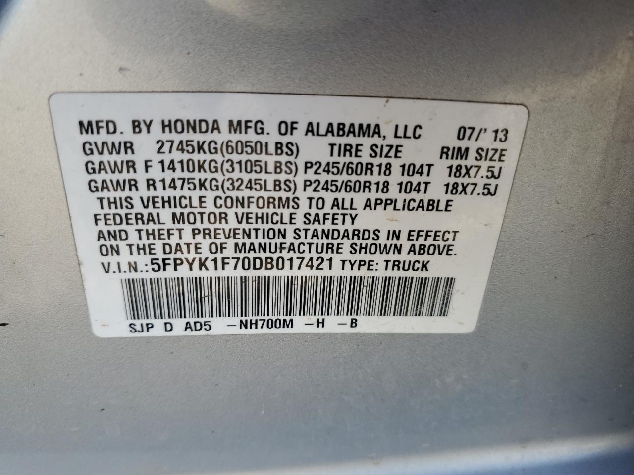 2013 Honda Ridgeline Sport VIN: 5FPYK1F70DB017421 Lot: 82198965