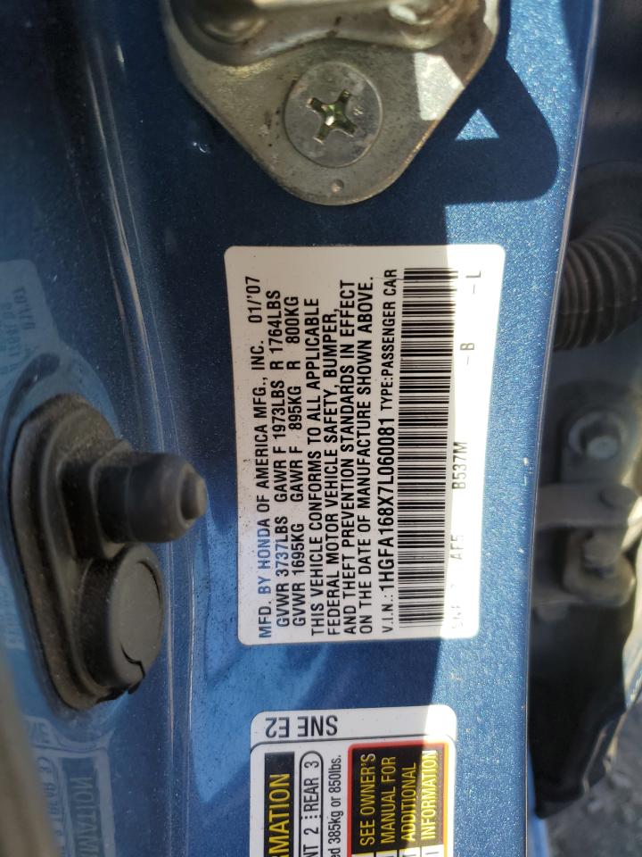 2007 Honda Civic Ex VIN: 1HGFA168X7L060081 Lot: 84159695