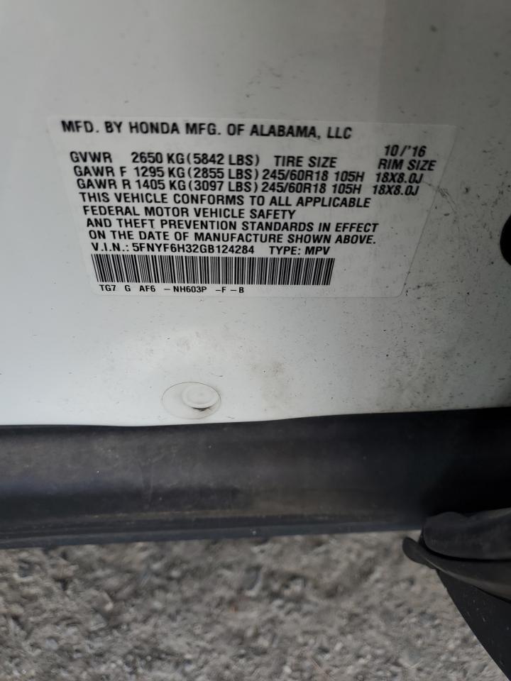 2016 Honda Pilot Ex VIN: 5FNYF6H32GB124284 Lot: 90035295