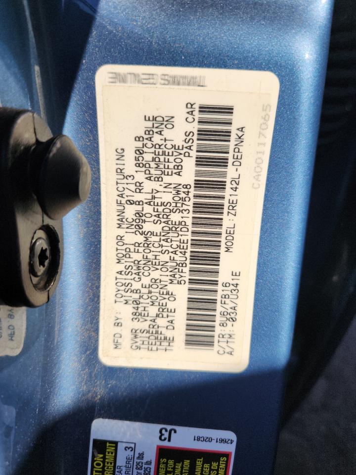 2013 Toyota Corolla Base VIN: 5YFBU4EE1DP137548 Lot: 85316235