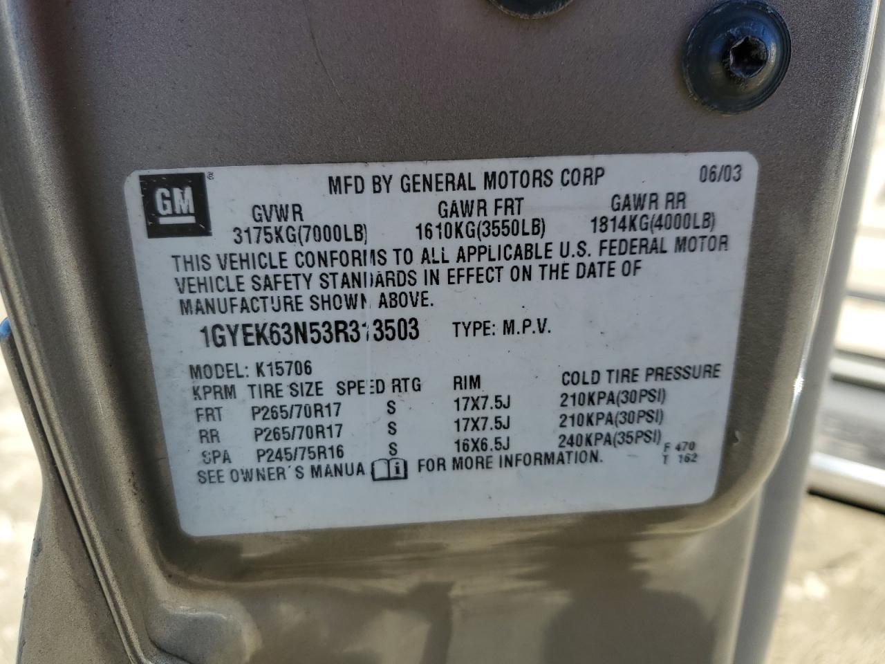 2003 Cadillac Escalade Luxury VIN: 1GYEK63N53R313503 Lot: 89619695