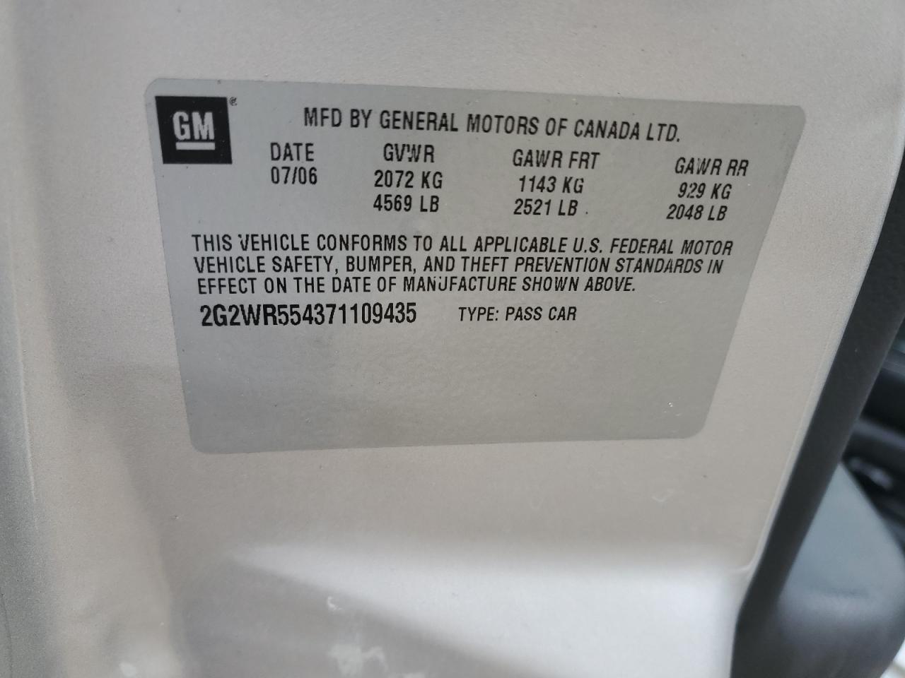 2007 Pontiac Grand Prix Gt VIN: 2G2WR554371109435 Lot: 82305465