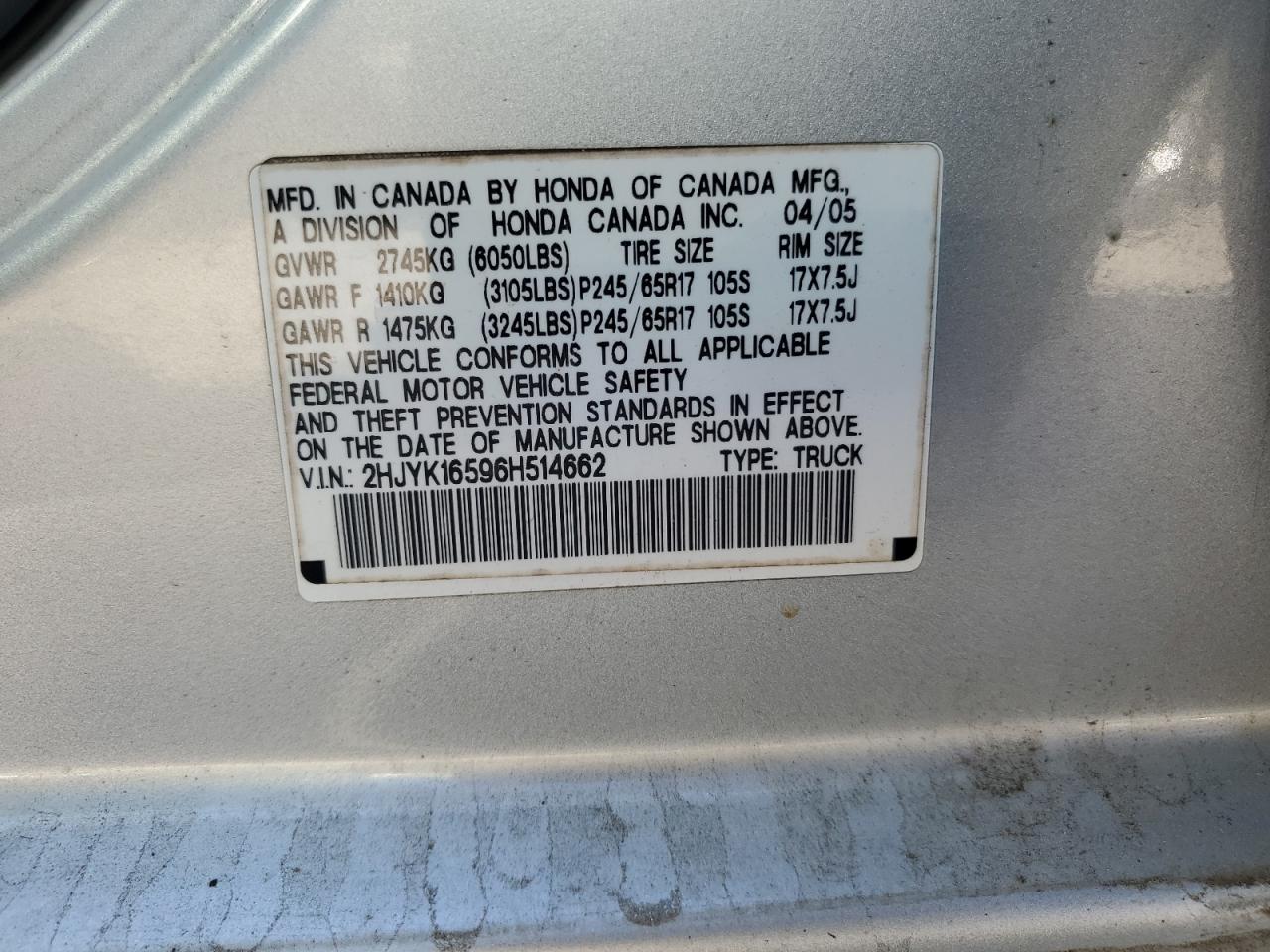 2006 Honda Ridgeline Rtl VIN: 2HJYK16596H514662 Lot: 83948095