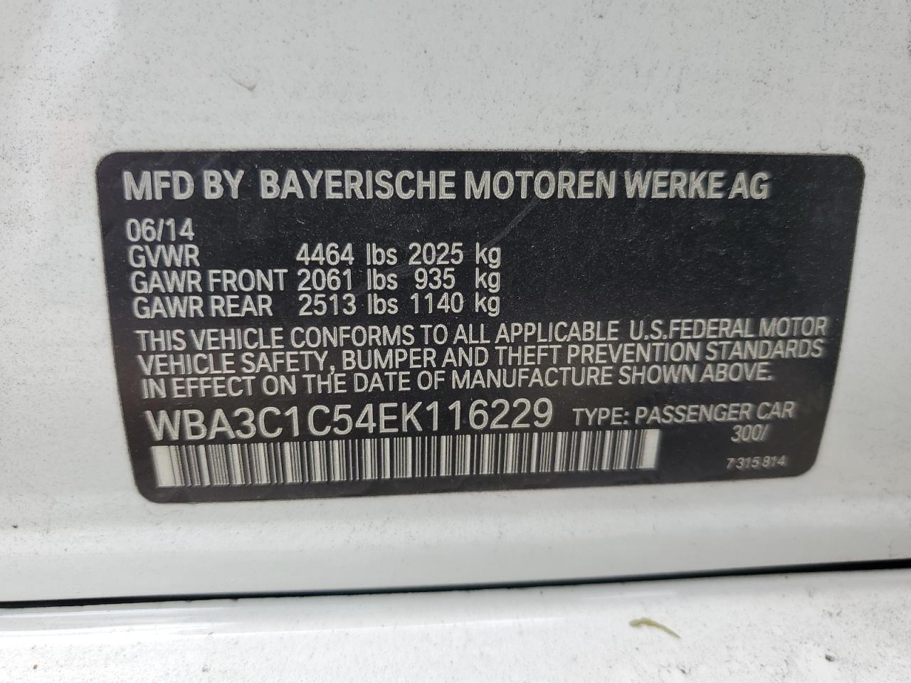 2014 BMW 328 I Sulev VIN: WBA3C1C54EK116229 Lot: 82335115