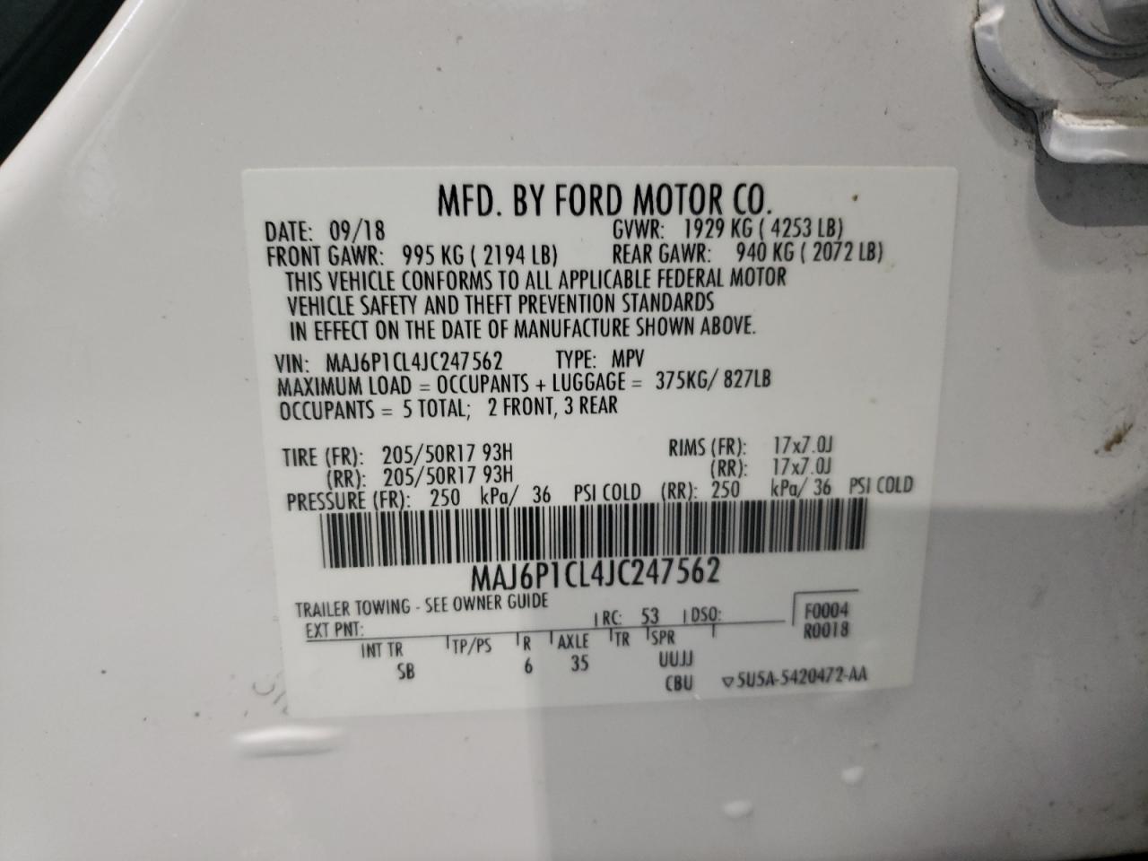 2018 Ford Ecosport Ses VIN: MAJ6P1CL4JC247562 Lot: 89450925