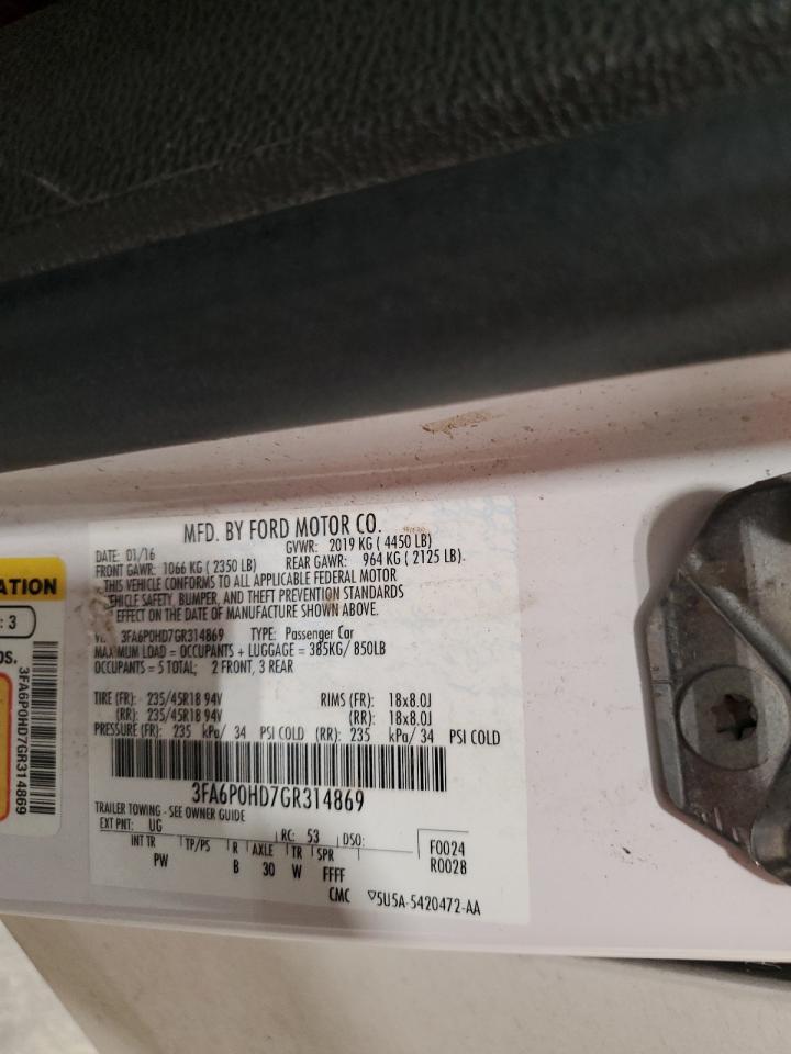 2016 Ford Fusion Se VIN: 3FA6P0HD7GR314869 Lot: 86322595